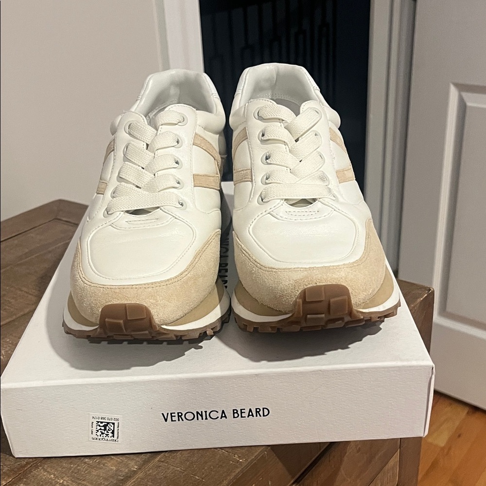Veronica Beard Cream and Tan Sneakers